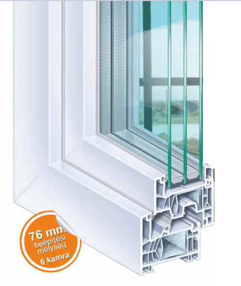 Cross-section of a multi-chamber window profile with a 76mm depth indicator sticker.