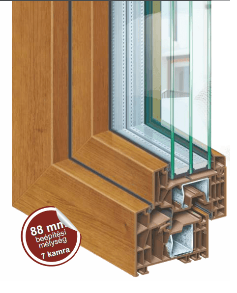 Cross-section of a window frame with wood finish and seven chambers, labeled 88 mm depth.