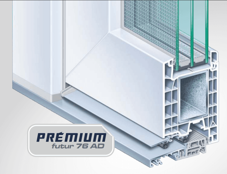 Cross-section of a premium window frame with triple glazing and thermal insulation.
