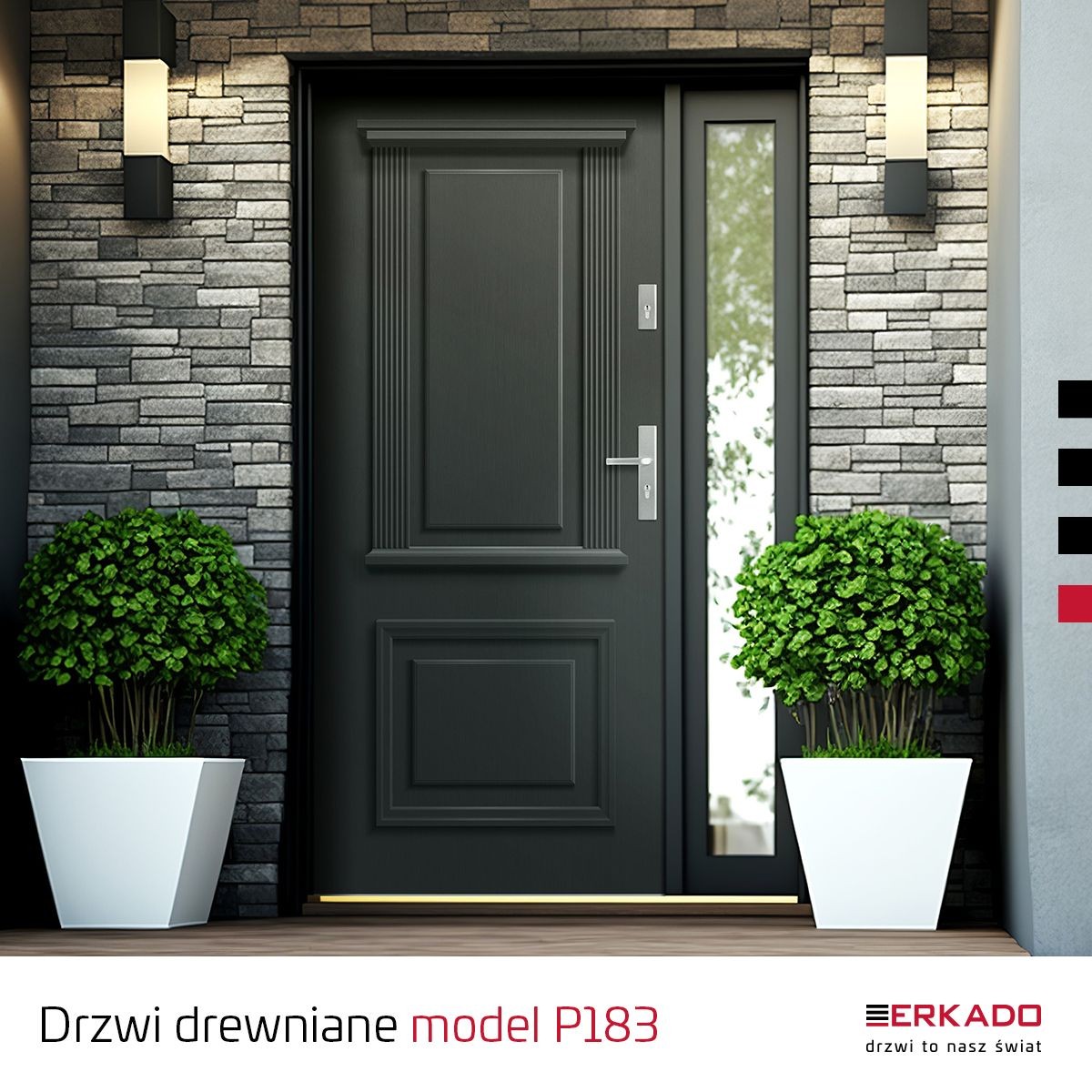 Modern dark wooden door with metal handle, flanked by potted plants and stone wall.